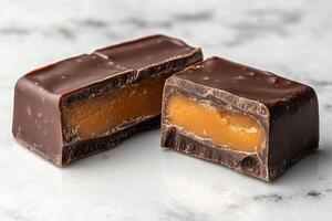 Stack of chocolate bars with caramel filling and chopped almonds showing photo