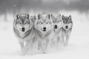 Pack of wolves running through snowy landscape photo