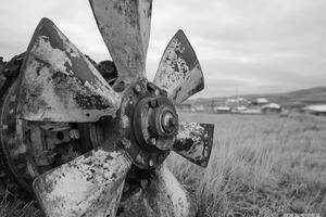 Old rusty industrial fan lying in a field with buildings in background photo