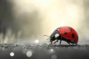 Red ladybug walking on the ground in springtime photo