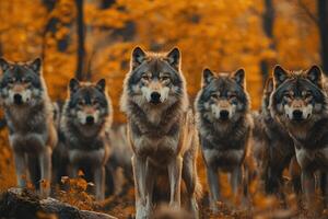 Wolf pack standing in autumn forest looking forward photo