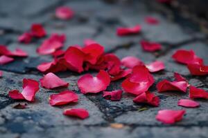 Red rose petals lying on cobblestones in the sun photo