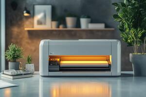 Modern plotter printer operating at home office with plants and decorations photo