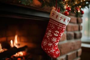 Red christmas stocking hanging on a fireplace mantel photo