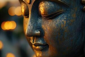 Face of buddha statue expressing peace and serenity at sunset photo