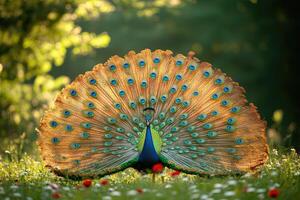 Peacock showing off its beautiful tail feathers in a forest glade photo