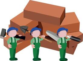 Three men in green overalls and work boots are standing next to a pile of bricks vector
