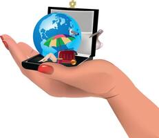 A hand holding a suitcase with an earth globe inside vector