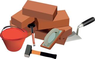 A pile of bricks, a bucket, a hammer and a shovel vector