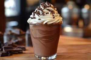 Delicious chocolate milkshake topped with whipped cream and chocolate shavings is waiting on a wooden table photo