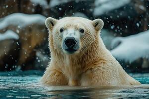 Polar bear taking a dip in icy water photo
