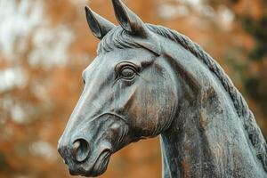 Bronze horse head statue standing in autumn park close up photo