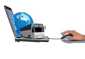 A hand is holding a mouse and a bus is on the screen vector