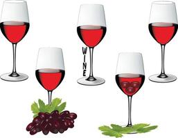 A set of four wine glasses with grapes and leaves vector