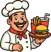 Chef Holding a Tray of Burger, Fries, and Soda vector