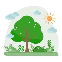 A forest illustration featuring trees, the sun, and clouds vector