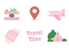 Pastel Pink Travel and Adventure Set Icons Camera, Passport, Plane, and Location Icons vector