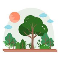 A forest illustration featuring trees, the sun and clouds vector