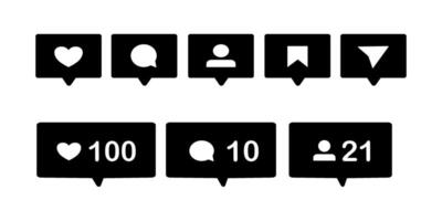 Social Media Notification Icon Set Solid Black for Like, Comment, Follower, Bookmark, and Share Alerts vector