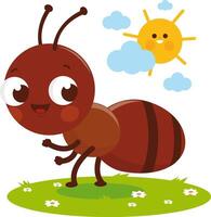 Cute ant cartoon in the grass. Bug insect character in the garden. vector