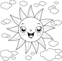 Cute cartoon illustration of a sun and clouds at the sky. Happy smiling sun in sunny day sky. Black and white coloring page vector