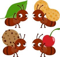 Cute ant workers carrying food in summer. Cartoon bug insect characters in the garden collect seeds and fruit, a plant leaf, a peanut, a cookie and a cherry. vector