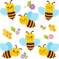 Set of cute bees. Cute cartoon bees making honey in the garden in springtime. Busy worker bees flying around a beehive. vector
