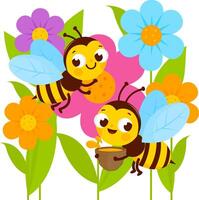 Cute cartoon bees and bugs in the garden in springtime. Busy bees flying around colorful flowers. vector