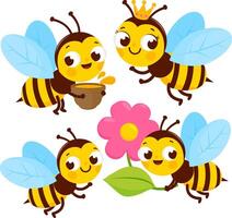 Cute cartoon bees in the garden in springtime with honeypot and flowers. Set of cute bees. Queen bee and busy worker bees. vector