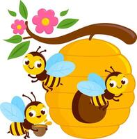 Cute cartoon bees making honey in the garden in springtime. Busy worker bees flying around a beehive. vector