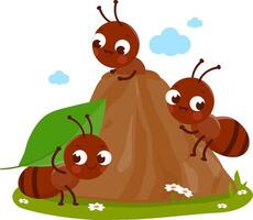 Anthill and ant workers carrying food into their nest. Cute ants bugs in termite hill. vector
