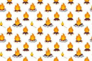 Seamless pattern of small campfires with burning logs and flames on white background, great for camping, outdoor, or survival-themed designs vector