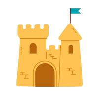 Wide sandcastle with three towers and a blue flag. Ideal for beach themes, summer cards, and playful graphics. vector