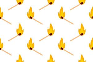 Seamless pattern of burning matchsticks with flames on white background, ideal for fire safety visuals, emergency design, or heat-related themes vector