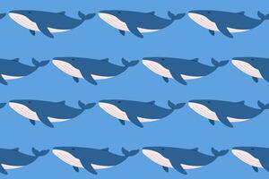 Pattern of cartoon whales on blue background vector