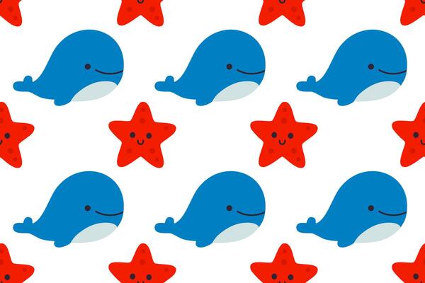 Blue whales and red starfish arranged in a seamless marine pattern on white background, suitable for playful kids designs