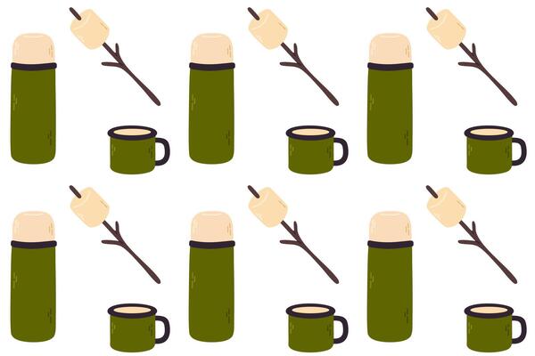 Playful seamless pattern with green thermos, mugs and marshmallows. Great for camp-themed packaging, print materials, kids' designs or adventure content