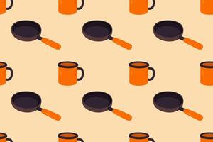 Seamless pattern featuring enamel mugs and frying pans. Ideal for outdoor cooking visuals, camping product branding, textile design or hiking-themed content vector
