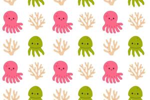 Playful seamless pattern with pink and green octopuses and beige coral, perfect for ocean-themed educational visuals vector