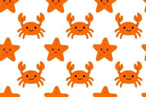 Bright seamless pattern with orange starfish and crabs on a clean background, ideal for playful ocean-themed prints for children vector