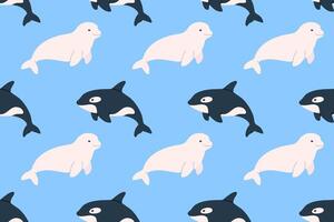 Seamless pattern with orcas and white seals on blue background. Perfect for polar animal themes, marine life and kids design vector