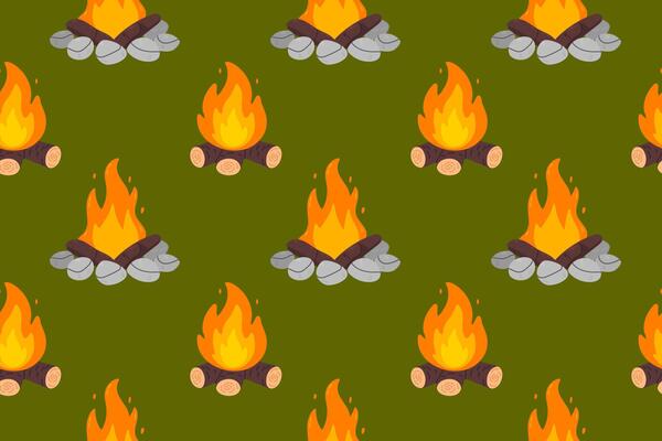 Seamless pattern of campfires with logs and surrounding stones on green background, perfect for camping, hiking, or forest-themed design projects