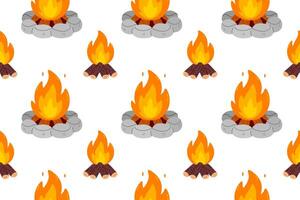Seamless pattern of large campfires with stone rings and flames on white background, ideal for outdoor, camping, or survival visuals and design vector