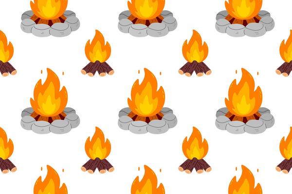 Seamless pattern of large campfires with stone rings and flames on white background, ideal for outdoor, camping, or survival visuals and design