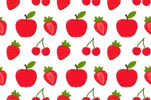 seamless pattern featuring apples, strawberries, and cherries. Perfect for healthy food packaging, grocery branding, textile design, and fresh fruit visuals vector