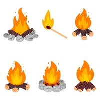 Collection of six fire-related icons including campfires with logs, stone rings and a burning match. Useful for camping design, survival guides and outdoor themes vector
