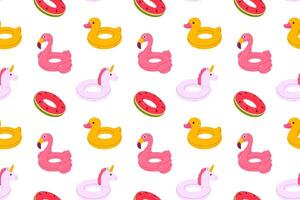 Seamless pattern with colorful pool floats shaped like duck, flamingo, unicorn, and watermelon, perfect for summer wrapping, kids' prints, and fabric designs vector