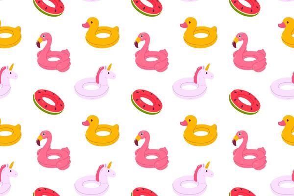 Seamless pattern with colorful pool floats shaped like duck, flamingo, unicorn, and watermelon, perfect for summer wrapping, kids' prints, and fabric designs