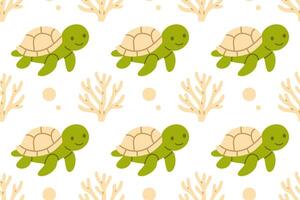 Seamless pattern with green sea turtles and beige coral branches on white background for calm and educational ocean visuals vector