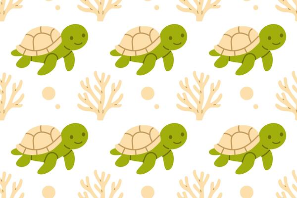 Seamless pattern with green sea turtles and beige coral branches on white background for calm and educational ocean visuals